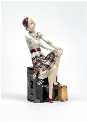 Stephan Dakon, a young lady with a small hat sitting on two suitcases, designed c. 1935, executed by Wiener Manufaktur Friedrich Goldscheider, by 1941 - Jugendstil and 20th Century Arts and Crafts