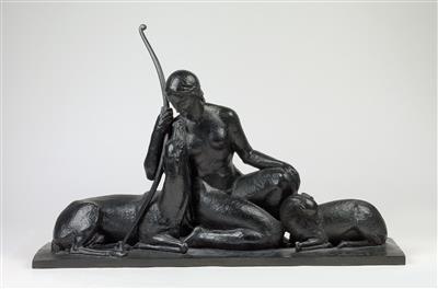 André Lavaysse (France 1906–1991), a large group of figures: “Diana, the goddess of the hunt, with two stags”, France, c. 1925 - Secese a umění 20. století