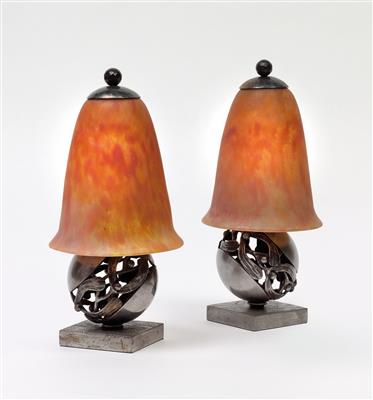 Edgar Brandt, a pair of table lamps with lampshades by Daum, Nancy, c. 1925 - Jugendstil and 20th Century Arts and Crafts