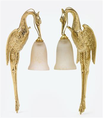 A pair of wall lamps in the form of birds, with lampshades by Verrerie Schneider, Epinay-sur-Seine, 1924–33 - Jugendstil and 20th Century Arts and Crafts