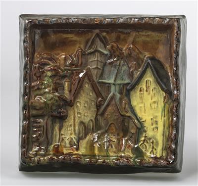 Franz Sedlacek (Austria 1891- c. 1944), ceramic painting: depiction of a city with figures, Austria, 1924 - Jugendstil e arte applicata del XX secolo
