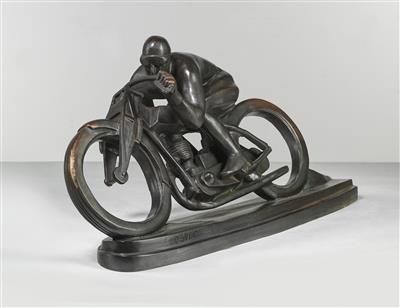 Otokar Svec, "Sunbeam - Motorradfahrer", futuristische Bronze eines Motorradfahrers in Kurvenlage, Entwurf: Tschechoslowakei, 1924 - Jugendstil und angewandte Kunst des 20. Jahrhunderts