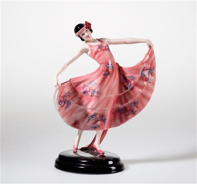 Stephan Dakon, a “Viennese waltz” figurine (standing dancer with flaring long-train dress), standing on an oval base, designed in c. 1929/30 - Secese a umění 20. století