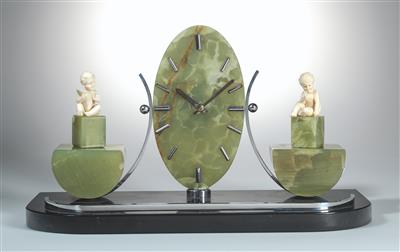 An Art Deco table clock or mantel clock two seated children on either side by Ferdinand Preiss, Berlin, c. 1920/30 - Secese a umění 20. století