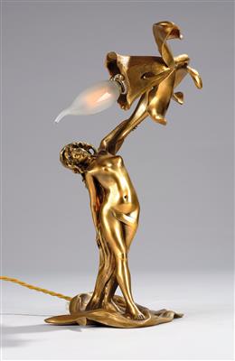 Charles Emile Jonchery (France 1873–1937), a blossom-shaped gilt bronze table lamp with a female figure, Paris, c. 1900/10 - Jugendstil and 20th Century Arts and Crafts