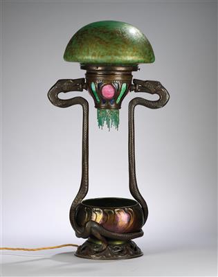 A large table lamp with two snakes, lampshade by Johann Lötz Witwe, Klostermühle for E. Bakalowits, Söhne, Vienna c. 1900 - Jugendstil e arte applicata del XX secolo