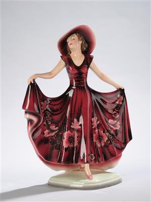 Josef Lorenzl, “Liana” (female dancer with hat, holding her dress open like the wings of a butterfly) on a rounded diamond-shaped base, model number: 7581 F, designed in c. 1936, executed by Wiener Manufaktur Friedrich Goldscheider, by c. 1941 - Jugendstil and 20th Century Arts and Crafts