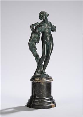 Karl (Carl) Fiala, a bronze group with a female nude and a flying putto with garland of flowers, Vienna, c. 1910 - Jugendstil and 20th Century Arts and Crafts