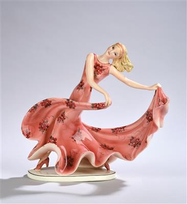 Stephan Dakon, a dancer in sweeping, rotating movement on an oval base, model number: 7078 F, designed in c. 1935, executed by Wiener Manufaktur Friedrich Goldscheider, by c. 1941 - Jugendstil and 20th Century Arts and Crafts