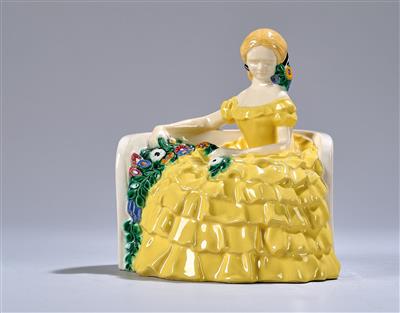 Franz Schleiss, “Dame auf Bank” (seated lady with a garland of flowers), model C 40, executed by Gmundner Keramik, c. 1931/32 - Secese a umění 20. století