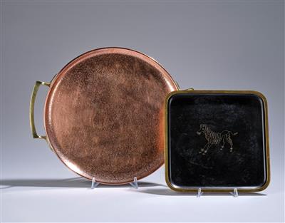Karl Hagenauer, a round tray with handles and a tray with poodle, Werkstätten Hagenauer, Vienna - Jugendstil e arte applicata del XX secolo