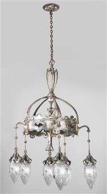 A six-arm hanging lamp in the manner of W. A. S. Benson & Co., London with lampshades in the style of James Powell and Sons, Whitefriars Glassworks - Secese a umění 20. století