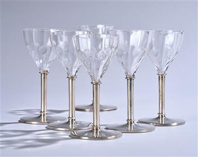 A set of six glass and silver liqueur glasses, attributed to Koloman Moser, manufactured by Meyr’s Neffe, Adolf, commissioned by E. Bakalowits, Söhne, Vienna for the Wiener Werkstätte, 1899/1900 - Secese a umění 20. století