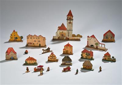 Spielzeugstadt (22-teilig) mit Häusern, einer Kirche, Figuren und Fahrzeugen, Entwurf: Oskar Laske, Wien - Jugendstil und angewandte Kunst des 20. Jahrhunderts