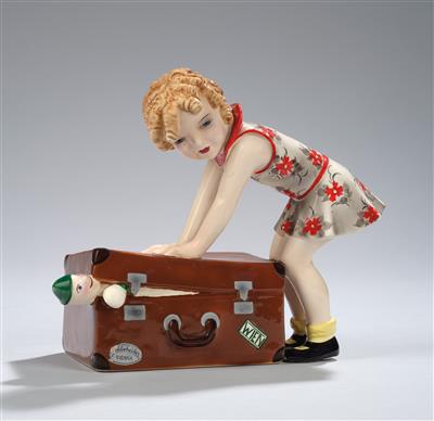 Stephan Dakon, The Great Journey: girl with a doll’s case, Wiener Manufaktur Friedrich Goldscheider, by c. 1941 - Secese a umění 20. století