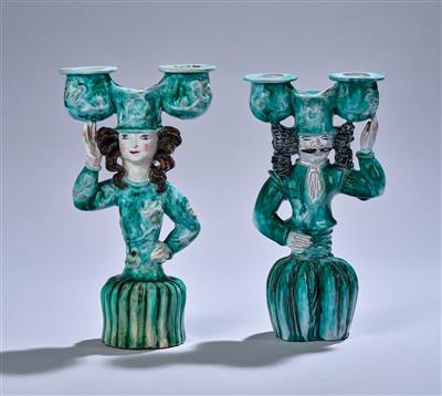 Susi Singer, a pair of candleholders with one male and one female figurine, Wiener Werkstätte, c. 1924 - Secese a umění 20. století