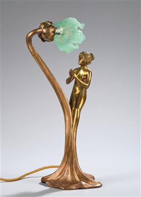 A bronze table lamp in blossom shape with a female figure rising from a stem, France, c. 1900 - Secese a umění 20. století