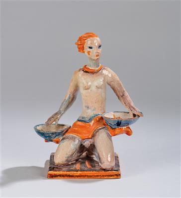 Gudrun Baudisch, a figurine with two bowls (“Figur mit 2 Schalen kniend”), model number: K 262, Wiener Werkstätte, 1927 - Jugendstil and 20th Century Arts and Crafts
