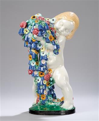 Michael Powolny, a putto with flowers (“springtime”), WK model number: 60, designed in c. 1907, executed by Vereinigte Wiener und Gmundner Keramik, 1913–19 - Secese a umění 20. století