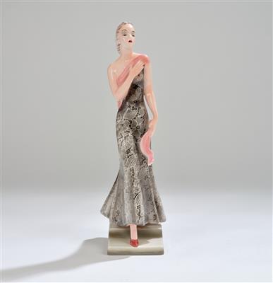 A slender lady striding, on a stepped rectangular base, designed in c. 1940, executed by Wiener Manufaktur Friedrich Goldscheider, by c. 1941 - Secese a umění 20. století