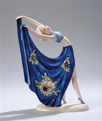 Stephan Dakon, a figurine “Beauty” (a female dancer, leaning to the left, holding her dress open like a wing, on an oval base), designed in c. 1935, executed by Wiener Manufaktur Josef Schuster (formerly Friedrich Goldscheider), as of 1941 - Jugendstil and 20th Century Arts and Crafts