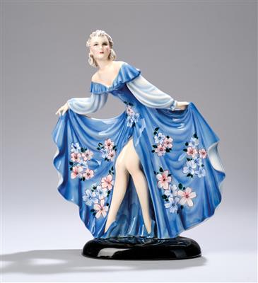 Stephan Dakon, a figurine “Jolanthe” (female dancer, holding her dress open) on an oval base, designed in c. 1939, executed by Wiener Manufaktur Friedrich Goldscheider, by c. 1941 - Jugendstil and 20th Century Arts and Crafts