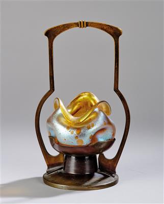 A vase in a handled basket, Johann Lötz Witwe, Klostermühle, c. 1900 - Jugendstil and 20th Century Arts and Crafts