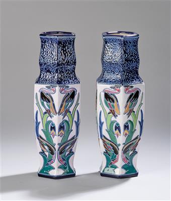 Two vases with birds and floral motifs from the Câmpina series, decoration: probably Max von Jungwirth, c. 1910, executed by Amphora Czechoslovakia - Secese a umění 20. století