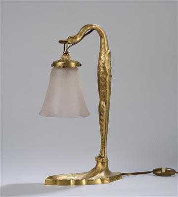 C. Ranc, a swan lamp (“Schwanenlampe”) - table lamp made of gilt brass with a lamp shade by Verrerie Schneider, Epinay-sur-Seine, c. 1925/30 - Jugendstil and 20th Century Arts and Crafts