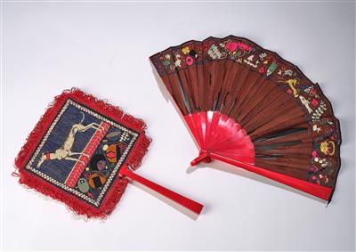 A fan with silk embroidery, probably Eduard Josef Wimmer-Wisgrill, Wiener Produktivgenossenschaft, Vienna, designed in c. 1910 and part of a mirror with silk embroidery (fan) in the manner of Rudolf Kalvach, designed in Vienna, c. 1908 - Secese a umění 20. století