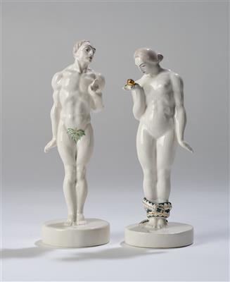 Karel Gabrile, two figures Adam and Eve, designed in Bechyne, c. 1922 - Jugendstil and 20th Century Arts and Crafts