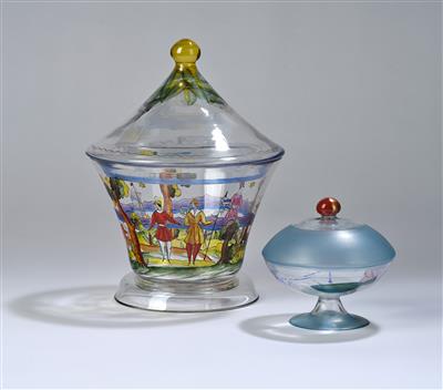 Josef Hoffmann, footed glass with lid depicting a scene at the lake, pattern designed by Hilde Jesser-Schmidt, 1917, a small glass with lid featuring bird decor, raw glass cover by Johann Oertel & Co., Haida, - Secese a umění 20. století