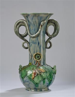 Manuel Mafra (Portugal,1831-1905), a vase with applied snake handles, floral motifs, frogs and insects, Caldas da Rainha, c. 1870 - Secese a umění 20. století
