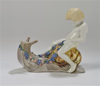 Michael Powolny, a figure astride a snail, WK model number: 81, model: c. 1907, executed by Wiener Keramik, by 1912 - Jugendstil e arte applicata del XX secolo