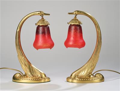 C. Ranc, a pair of "Schwanenlampen" table lamps made of gilt brass with lampshades by Daum, Nancy, c. 1930 - Secese a umění 20. století