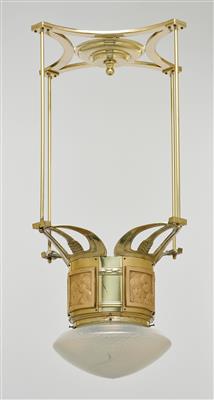 A brass ceiling lamp with four brass plates decorated in relief with female motifs and an iridescent lamp shade, Bohemia, c. 1900 - Secese a umění 20. století