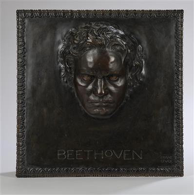 Franz von Stuck (Tettenweiß 1863-1928 Teschen), großes Bronzerelief mit der Maske von Ludwig van Beethoven (1770-1827), Guss C. Leyrer, München - Jugendstil & Angewandte Kunst des 20. Jahrhunderts
