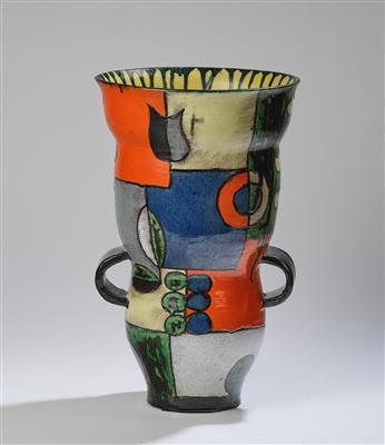 A large handled vase with coloured fields, geometrical motifs and stylised flowers, model number 617, designed in around 1928-38, executed by Wiener Manufaktur Friedrich Goldscheider, by c. 1941 - Secese a umění 20. století