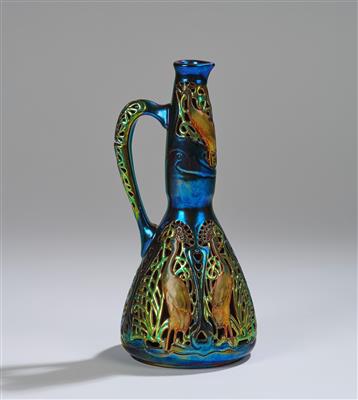 Henrik Darilek, a small jug with openwork side, black-crowned crane and arabesque decoration, model number 7826, model from November 1904-1906, executed by Zsolnay, Pecs - Jugendstil and 20th Century Arts and Crafts