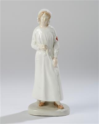 Johanna Meier-Michel, a standing nurse (Red Cross nurse), "Officielle Kriegs Fürsorge", model number 4720, designed in around 1916/17, executed by Wiener Manufaktur Friedrich Goldscheider, by c. 1918 - Secese a umění 20. století