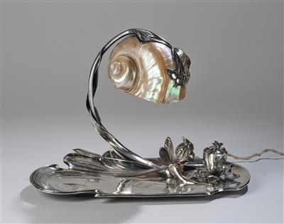 Nautilus lamp, lamp with turbo screw, integrated in a table set with an inkpot and an elf, design: Moritz Hacker, Vienna, c. 1900/05 - Secese a umění 20. století