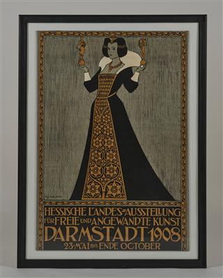A poster by Friedrich Wilhelm Kleukens (1878-1956), Hessian State Exhibition of Liberal and Applied Arts, Darmstadt 1908, from 23 May to the end of October, printed by H. Hohmann Hof-, Buch- und Steindruckerei, Darmstadt - Jugendstil e arte applicata del XX secolo