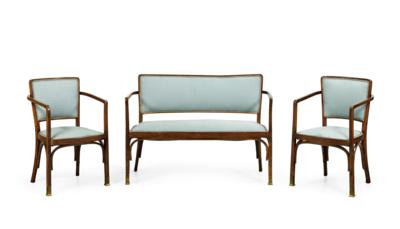 Gustav Siegel, a three-piece seating group: two armchairs, model number 719 and a settee, designed in around 1902, included in the catalogue (supplement) in 1903, executed by Jacob & Josef Kohn, Vienna - Ze sbírky Schedlmayer - secese a užité umění 20. století