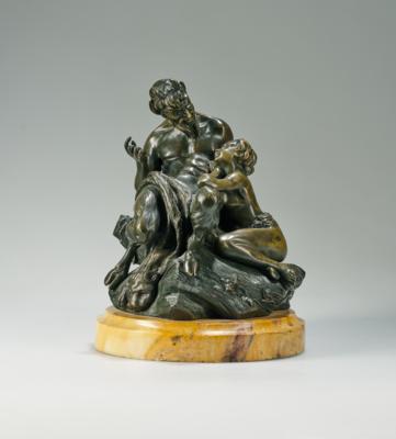 A bronze group: a satyr with lion pelt and female figure, c. 1930 - Secese a umění 20. století