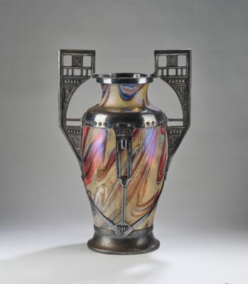 A handled vase made of iridescent glass with metal mount by Moritz Hacker, model number: 8149, c. 1900 - Secese a umění 20. století