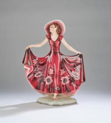 Josef Lorenzl, "Liane" (female dancer with hat, holding her dress open like the wings of a butterfly) on a rounded diamond-shaped base, model number 7581, designed in around 1936, - Secese a umění 20. století