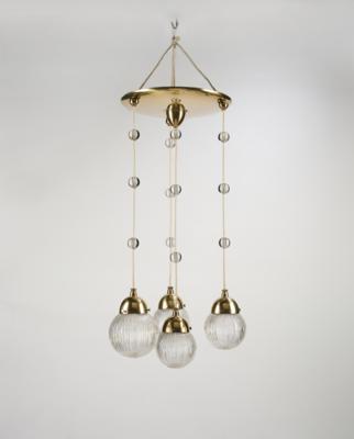 A four-light chandelier in the manner of Leopold Bauer, with lampshades by Johann Lötz Witwe, Klostermühle for by E. Bakalowits, Söhne, Vienna, c. 1902 - Secese a umění 20. století