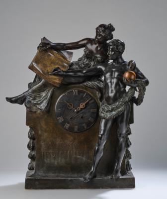 Adolphe-Jean Lavergne, a clock “Historia”: seated woman on a pedestal holding a book in which a standing youth (with laurel and ball) writes, model number: 3319, designed in around 1905/06, executed by Wiener Manufaktur Friedrich Goldscheider, by 1910/22 - Jugendstil e arte applicata del XX secolo