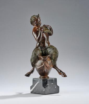 A bronze object: faun with pan flute seated on an amphora, c. 1920 - Secese a umění 20. století