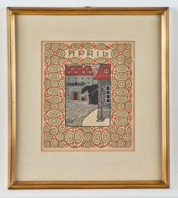 Carl Krenek (Vienna 1880-1949), “A Stroll in the Rain” (April) - Jugendstil e arte applicata del XX secolo